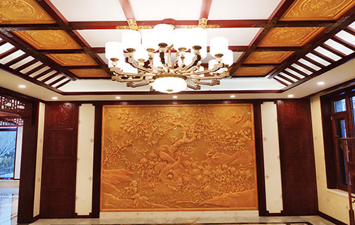 嘉峪关中式别墅客厅中式木作横梁吊顶装饰展示